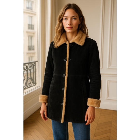 Vintage Jackets & Blazers - U.S.A. Leather Vintage 70s Style Penny Lane Sherpa Lined Coat
Black w/Tan Large